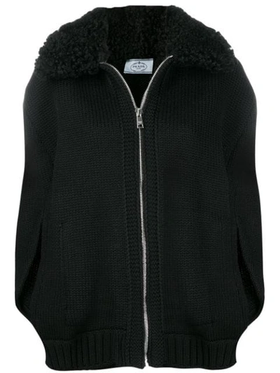 Shop Prada Shearling Collar Zipped Cardigan In F0002 Black