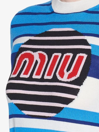 Shop Miu Miu Logo Intarsia Knitted Virgin Wool Top In Blue