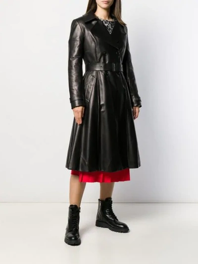 Shop Prada Belted Leather Trench Coat In Nero