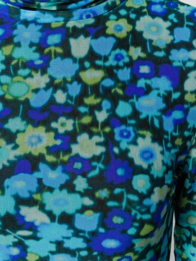 Shop Ganni Floral-print Mesh Top In Blue