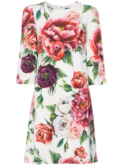 Shop Dolce & Gabbana Silk Rose Print Dress In White