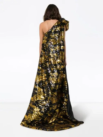 Shop Halpern Sequinned One-shoulder Long-train Dress In Gold