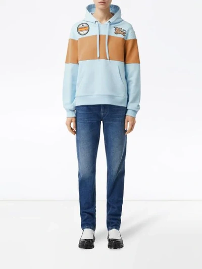 Shop Burberry Logo Graphic Panelled Cotton Oversized Hoodie In Blue