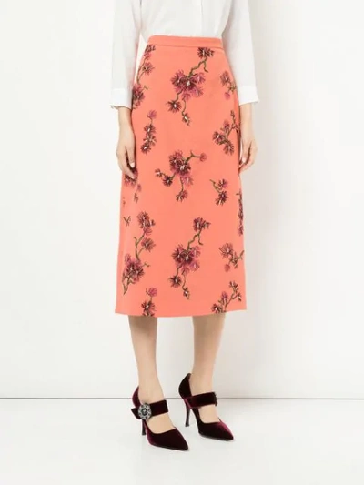 Shop Erdem Floral Midi Skirt In Peach/burgundy