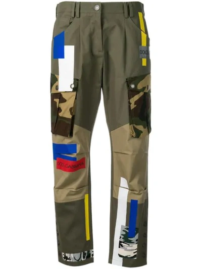 Shop Dolce & Gabbana Patch Detail Cropped Cotton Cargo Trousers In Green