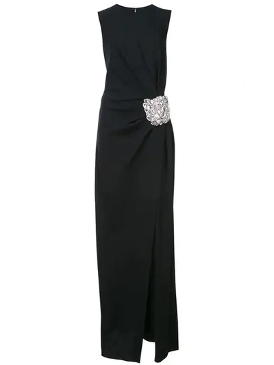 Shop Oscar De La Renta Brooch Embellished Column Gown In Black With Silver
