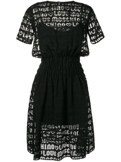Shop Love Moschino Flared Logo Embroidered Dress - Black