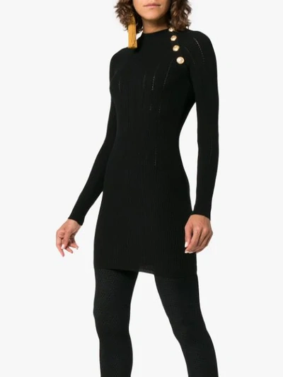 Shop Balmain Button Detail Wool-blend Mini Dress In Black