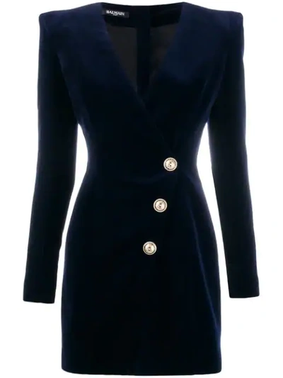 Shop Balmain Velour Buttoned Dress In Blue