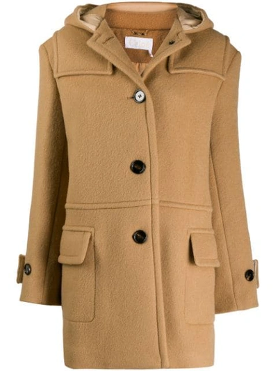 Shop Chloé Hooded Fitted Coat In Brown