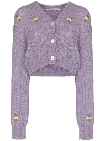 Shop Alessandra Rich Floral Detail Cropped Knit Cardigan In Purple