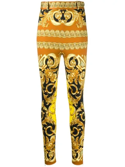 Shop Versace High Waist Baroque Trousers In Yellow