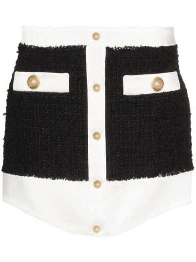 Shop Balmain Tweed Buttoned Mini Skirt In Black