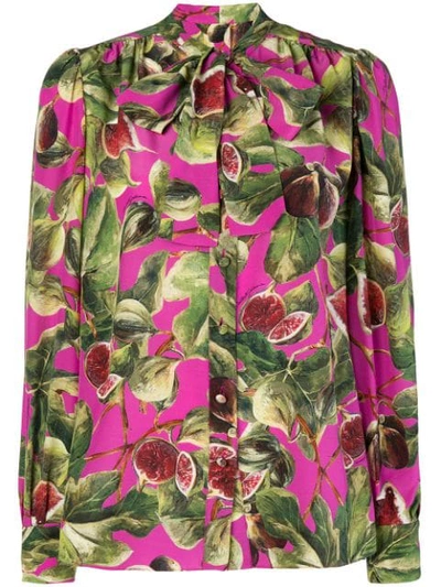 Shop Dolce & Gabbana Fig Print Pussy Bow Shirt - Pink