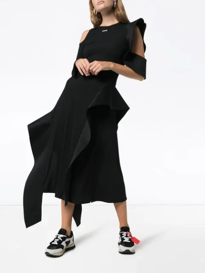 Shop Off-white Asymmetric Logo Print Midi Dress In Black