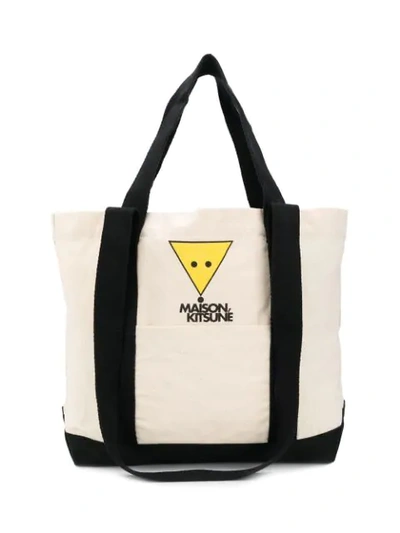 Shop Maison Kitsuné Logo Print Tote Bag In Neutrals