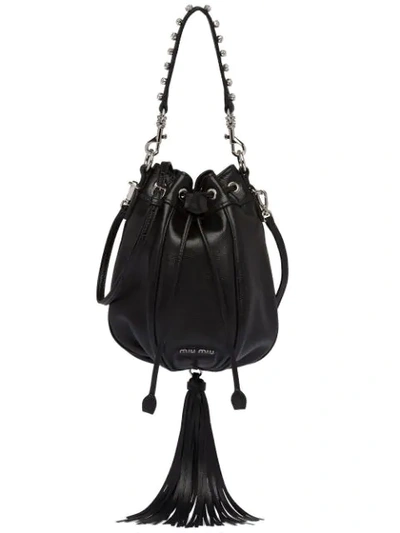 Shop Miu Miu Embellished Drawstring Shoulder Bag In Black