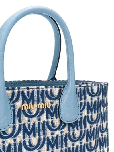 Shop Miu Miu Jacquard Logo Tote Bag In Blau