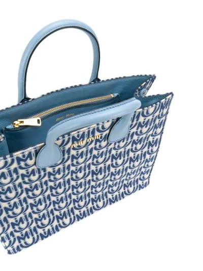 Shop Miu Miu Jacquard Logo Tote Bag In Blau