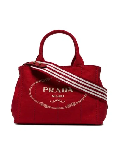 Shop Prada Red Logo Canvas Tote Bag