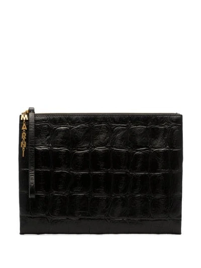 Shop Marni Large Crocodile Embossed Clutch Bag In Black