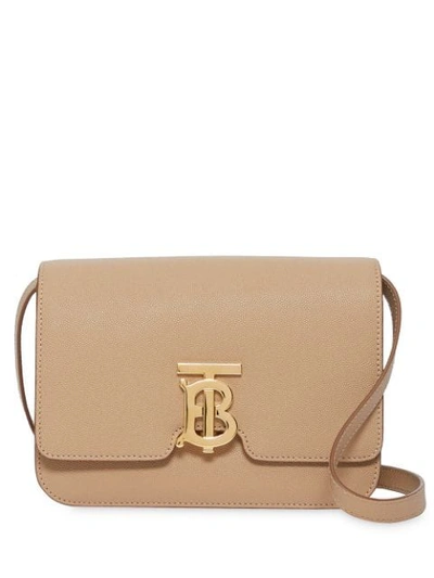 Shop Burberry Small Grainy Leather Tb Bag In Neutrals
