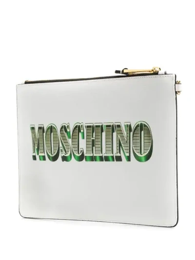 Shop Moschino Printed Logo Clutch Bag In White