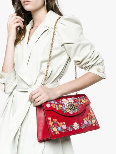 Gucci Red Large Ricami Leather Floral Embroidered Shoulder Bag | ModeSens