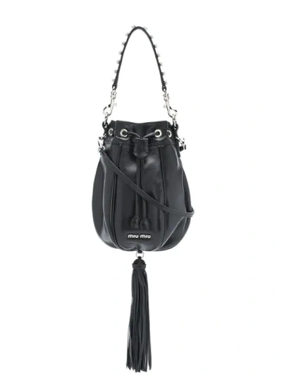 Shop Miu Miu Tassel Embellished Bucket Bag In Black