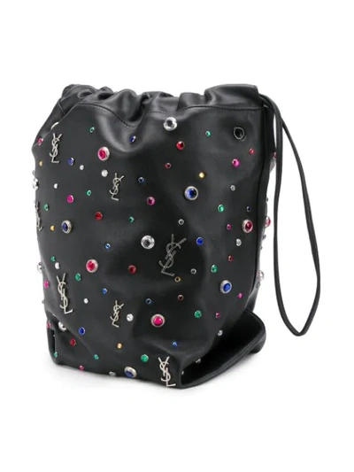 Shop Saint Laurent Black Gem Stud Embellished Teddy Bucket Bag