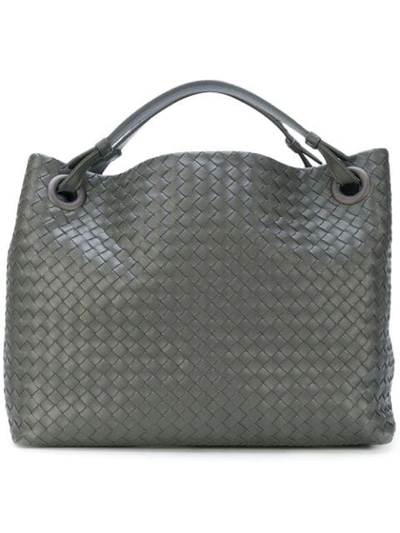 Shop Bottega Veneta Light Grey Intrecciato Nappa Medium Garda Bag