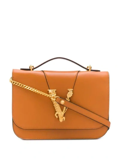 Shop Versace Leaf Logo Shoulder Bag In Brown