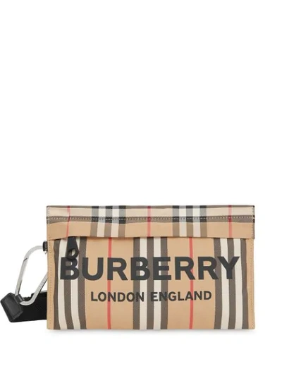 BURBERRY LOGO印花标志条纹手拿包 - 大地色