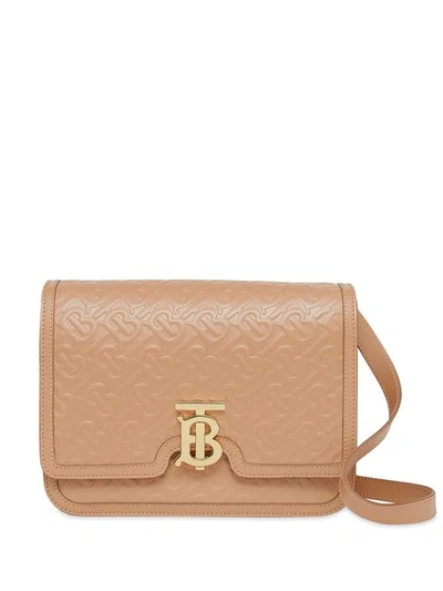 Shop Burberry Medium Monogram Leather Tb Bag In Brown