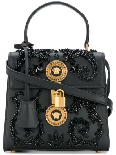 Shop Versace Embellished Medusa Shoulder Bag In Black