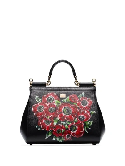 Shop Dolce & Gabbana Black Sicily Floral-print Leather Tote Bag