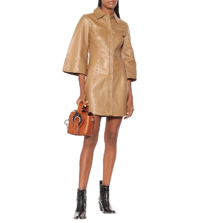 Shop Ganni Leather Minidress In Beige
