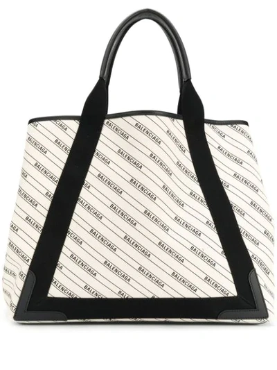 Navy Cabas small leather-trimmed printed canvas tote