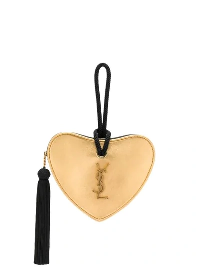 Shop Saint Laurent Monogram Heart-shaped Metallic Clutch In Gold