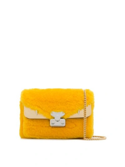 Shop Fendi Bag Bugs Lamb-fur Shoulder Bag In Yellow
