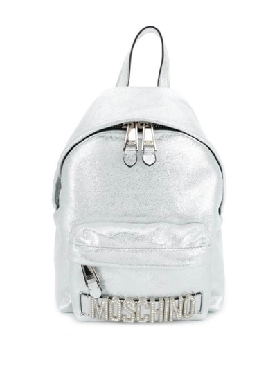 Shop Moschino Metallic Leather Backpack In Silver