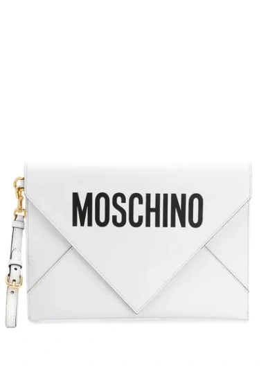 Shop Moschino Logo Print Clutch Bag In White