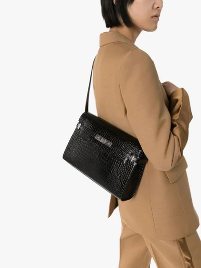 Shop Saint Laurent Manhattan Croc-effect Shoulder Bag In Black
