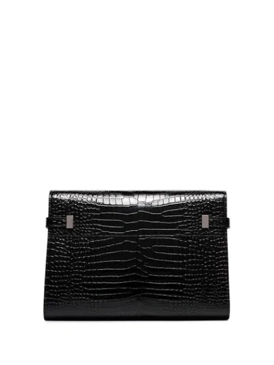 Shop Saint Laurent Manhattan Croc-effect Shoulder Bag In Black