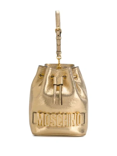 Shop Moschino Metallic Crystal-embellished Bucket Bag In Gold