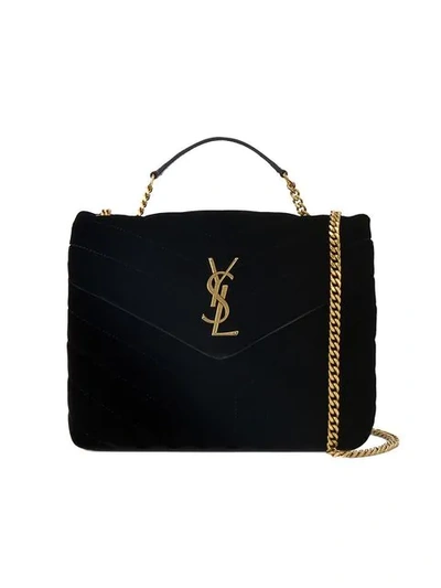 Shop Saint Laurent Small Black Loulou Monogram Velvet Bag
