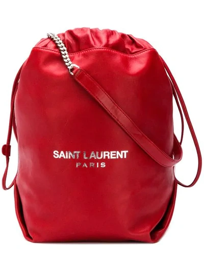 Shop Saint Laurent Red Pochon Logo Print Leather Drawstring Shoulder Bag