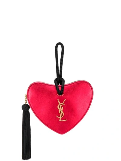 Shop Saint Laurent Monogram Heart Metallic Clutch In Red