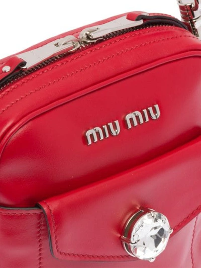 Shop Miu Miu Bandoleer Crystal Embellished Bag In Red