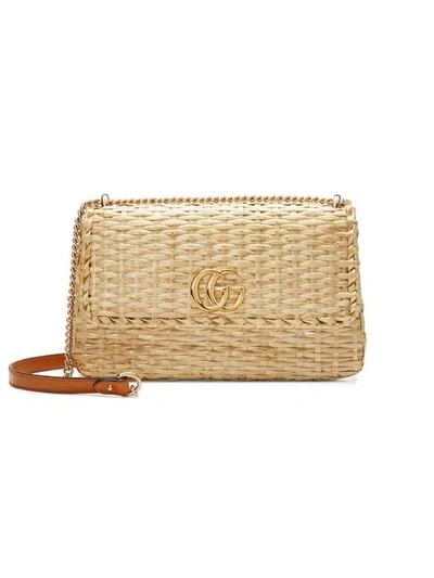 Shop Gucci Straw Small Shoulder Bag - Neutrals